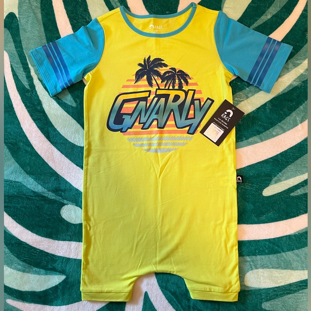 RAGS onesie - GNARLY summer onesie - Size 5/6 - yellow and blue